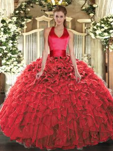 Fantastic Floor Length Lace Up Quinceanera Gown Red for Military Ball and Sweet 16 and Quinceanera with Ruffles