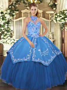 Elegant Halter Top Sleeveless Satin and Tulle 15 Quinceanera Dress Beading and Embroidery Lace Up