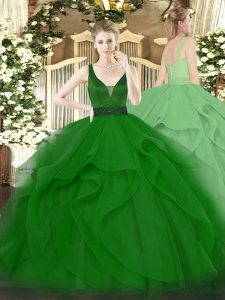 Admirable Dark Green Tulle Zipper Quinceanera Dress Sleeveless Floor Length Beading and Ruffles