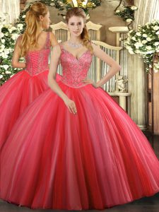 Hot Sale Beading Sweet 16 Dresses Coral Red Lace Up Sleeveless Floor Length