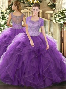 Enchanting Lavender Sleeveless Floor Length Beading and Ruffled Layers Clasp Handle Sweet 16 Quinceanera Dress