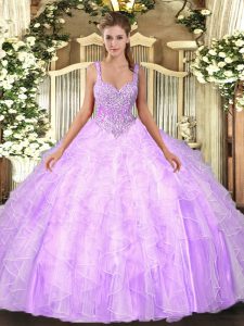 Lilac Straps Neckline Beading and Ruffles Ball Gown Prom Dress Sleeveless Lace Up