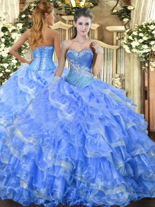 Dazzling Beading and Ruffled Layers Quinceanera Gown Baby Blue Lace Up Sleeveless Floor Length