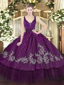 Purple Organza and Taffeta Zipper Quinceanera Dresses Sleeveless Floor Length Beading and Embroidery