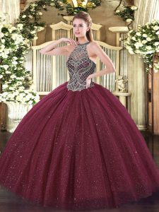 Low Price Tulle Sweetheart Sleeveless Lace Up Beading Ball Gown Prom Dress in Burgundy