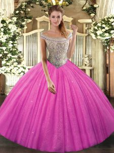 Sleeveless Tulle Lace Up Quinceanera Gowns in Hot Pink with Beading