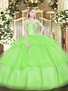 Fabulous Ball Gowns Organza Off The Shoulder Sleeveless Beading and Ruffled Layers Floor Length Lace Up Quinceanera Dress