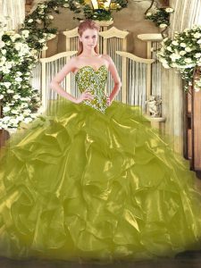 Beading and Ruffles Vestidos de Quinceanera Olive Green Lace Up Sleeveless Floor Length