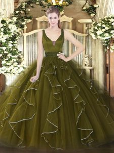 Delicate Straps Sleeveless Zipper Ball Gown Prom Dress Olive Green Tulle