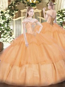 Glorious Orange Quinceanera Dresses Military Ball and Sweet 16 and Quinceanera with Beading and Ruffled Layers Off The Shoulder Sleeveless Lace Up