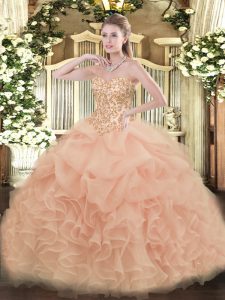 Floor Length Ball Gowns Sleeveless Peach Quinceanera Dresses Lace Up