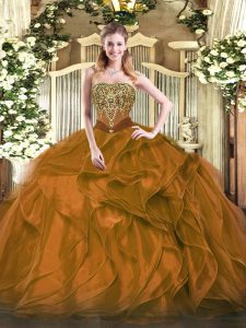 Deluxe Floor Length Brown Sweet 16 Dress Organza Sleeveless Beading and Ruffles