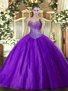 High Quality Eggplant Purple Ball Gowns Sweetheart Sleeveless Tulle Floor Length Lace Up Beading Vestidos de Quinceanera