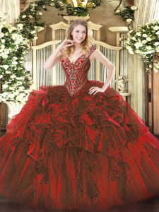 Fitting Wine Red Ball Gowns Organza V-neck Sleeveless Beading and Ruffles Floor Length Lace Up Vestidos de Quinceanera