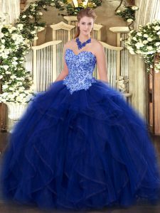 Unique Sweetheart Sleeveless Vestidos de Quinceanera Floor Length Appliques and Ruffles Blue Organza