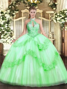 High Class Halter Top Sleeveless Tulle Quinceanera Gowns Appliques and Sequins Lace Up