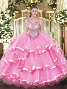 Dramatic Sleeveless Lace Up Floor Length Beading and Ruffles Ball Gown Prom Dress