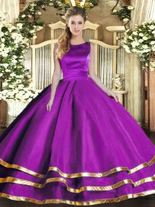 High Class Sleeveless Floor Length Ruffled Layers Lace Up Sweet 16 Quinceanera Dress with Eggplant Purple