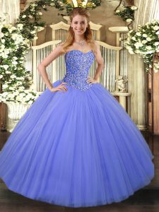 Fine Blue Ball Gowns Sweetheart Sleeveless Tulle Floor Length Lace Up Beading Quinceanera Gown