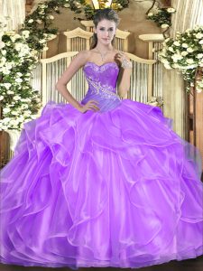 Romantic Sweetheart Sleeveless Quince Ball Gowns Floor Length Beading and Ruffles Lilac Organza