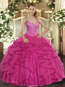 Hot Pink Vestidos de Quinceanera Military Ball and Sweet 16 and Quinceanera with Beading and Ruffles V-neck Sleeveless Lace Up