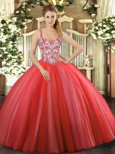 Floor Length Lace Up Sweet 16 Quinceanera Dress Coral Red for Sweet 16 and Quinceanera with Beading and Appliques