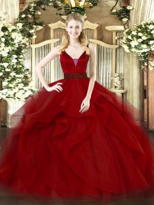 Sumptuous Wine Red Ball Gowns Straps Sleeveless Tulle Floor Length Zipper Beading and Ruffled Layers Quinceanera Gown