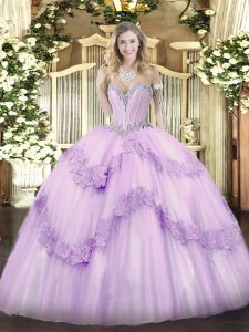 Hot Selling Lavender Lace Up Sweetheart Beading and Appliques Ball Gown Prom Dress Tulle Sleeveless