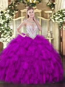 Fuchsia Tulle Zipper Scoop Sleeveless Floor Length Sweet 16 Dress Beading and Ruffles