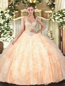 Wonderful Peach Tulle Lace Up Straps Sleeveless Floor Length 15 Quinceanera Dress Beading and Ruffles