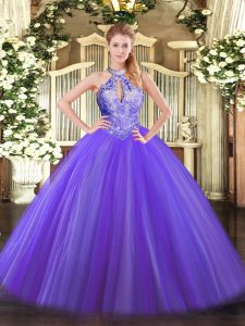 Sumptuous Sleeveless Floor Length Sequins Lace Up 15th Birthday Dress with Purple