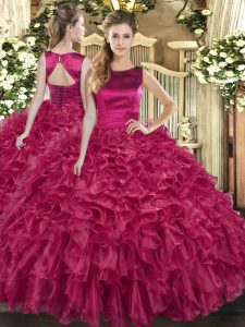 Designer Fuchsia Organza Lace Up Bateau Sleeveless Floor Length Ball Gown Prom Dress Ruffles