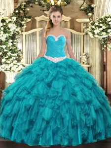 Glorious Sweetheart Sleeveless Lace Up Sweet 16 Dress Teal Organza