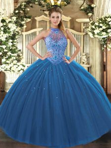 Perfect Navy Blue Lace Up Halter Top Beading and Embroidery Ball Gown Prom Dress Tulle Sleeveless