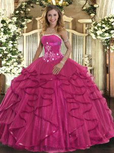 Floor Length Zipper Sweet 16 Dresses Hot Pink for Military Ball and Sweet 16 and Quinceanera with Beading and Ruffles