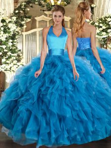 Organza Halter Top Sleeveless Lace Up Ruffles Quince Ball Gowns in Baby Blue