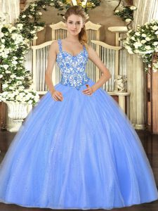 New Style Baby Blue Straps Lace Up Beading and Appliques Quince Ball Gowns Sleeveless