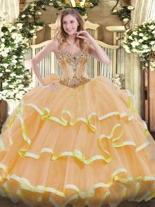 Classical Organza Sweetheart Sleeveless Lace Up Beading and Ruffles Quinceanera Gowns in Gold