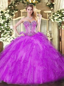 Tulle Sweetheart Sleeveless Lace Up Beading and Ruffles Quinceanera Dresses in Fuchsia