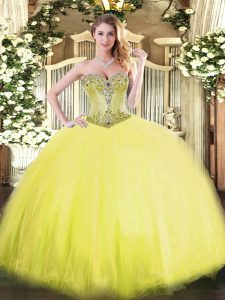 Pretty Sleeveless Floor Length Beading Lace Up Quinceanera Dresses with Yellow