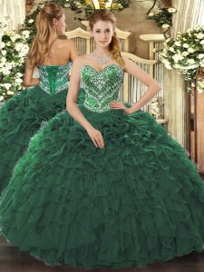 Dark Green Ball Gowns Beading and Ruffled Layers Quinceanera Dresses Lace Up Tulle Sleeveless Floor Length