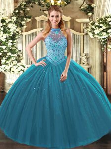 Hot Selling Teal Sleeveless Tulle Lace Up Quince Ball Gowns for Sweet 16 and Quinceanera