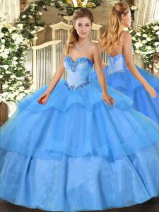 Baby Blue Sweetheart Neckline Beading and Ruffled Layers Ball Gown Prom Dress Sleeveless Lace Up