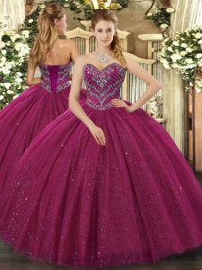 Romantic Fuchsia Ball Gowns Sweetheart Sleeveless Tulle Floor Length Lace Up Beading Quinceanera Dress