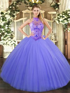 Lavender Tulle Lace Up Halter Top Sleeveless Floor Length Quinceanera Gown Beading and Embroidery