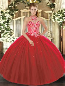 Red Ball Gowns Halter Top Sleeveless Tulle Floor Length Lace Up Embroidery Quinceanera Gown