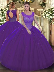 Exceptional Purple Sleeveless Floor Length Beading Backless 15th Birthday Dress