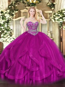 Deluxe Fuchsia Sweetheart Lace Up Beading and Ruffles 15th Birthday Dress Sleeveless