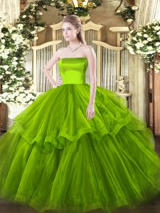 Strapless Sleeveless Brush Train Zipper Sweet 16 Dresses Olive Green Tulle