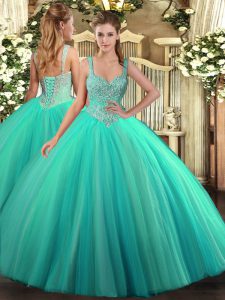 Turquoise Sleeveless Floor Length Beading Lace Up Quince Ball Gowns